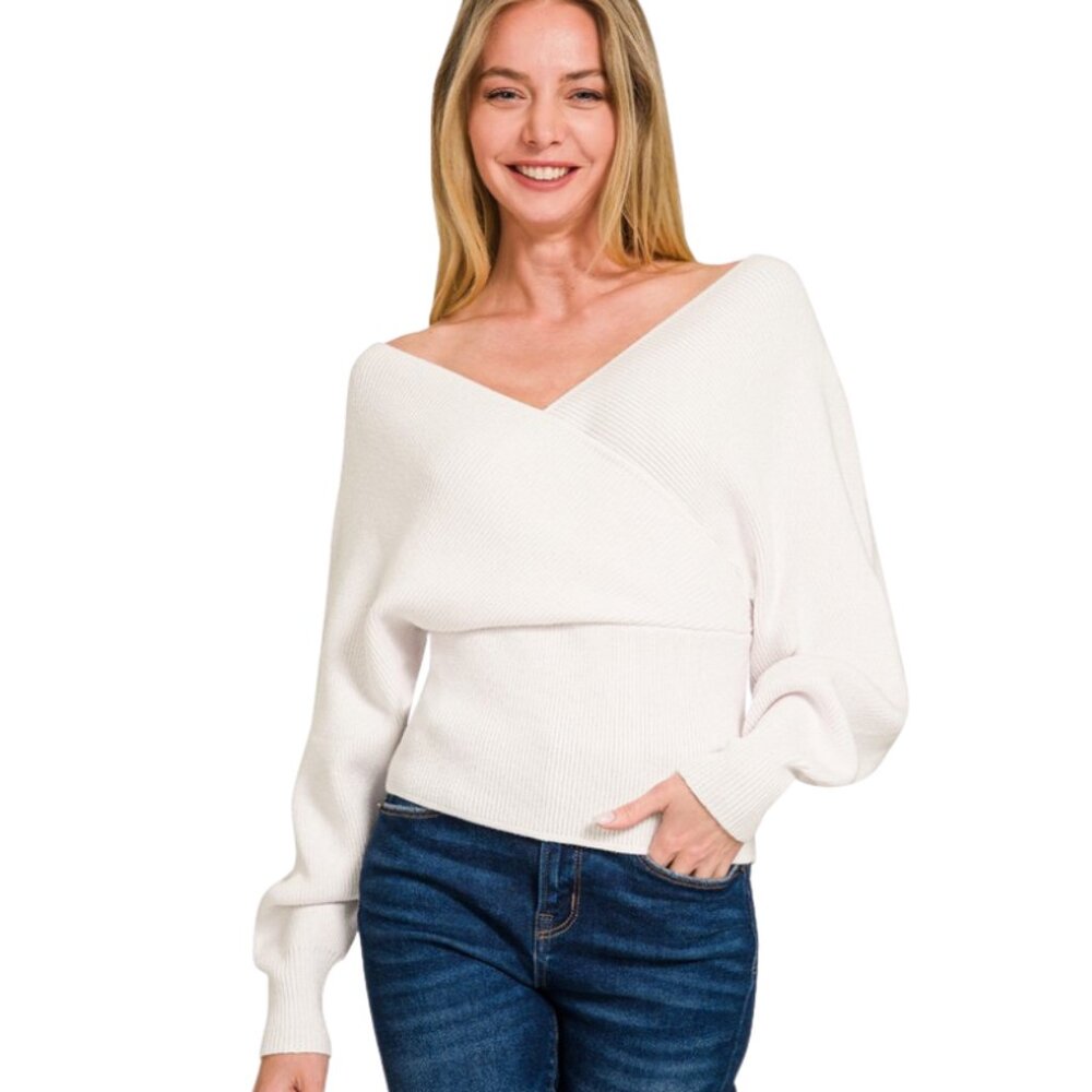 ZENANA V-Neck Cross Wrap Long Sleeves Sweater White Medium